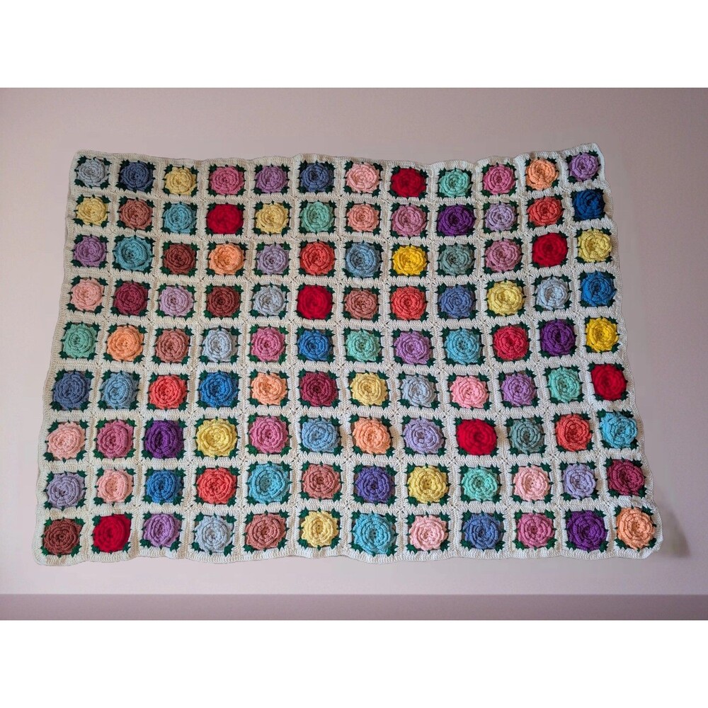Vintage Handmade Multicolor 3D Roses Afghan Blanket Throw Cottagecore 51x72